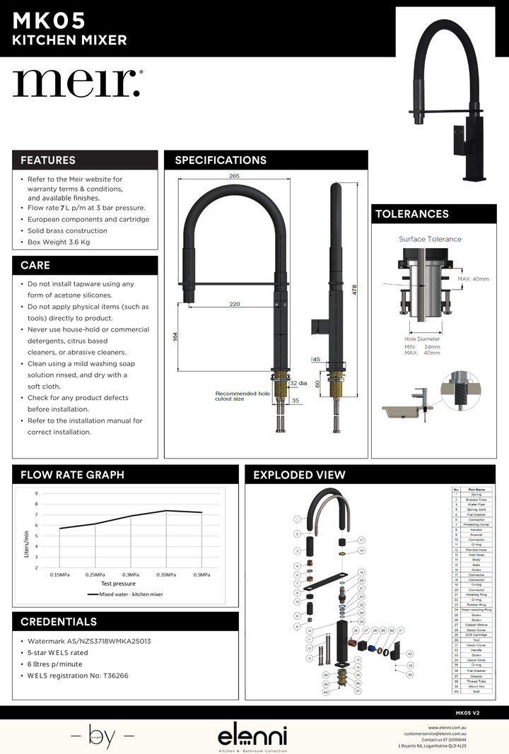 Square Flexible Kitchen Mixer Tap - Matte Black - Elenni specification drawing
