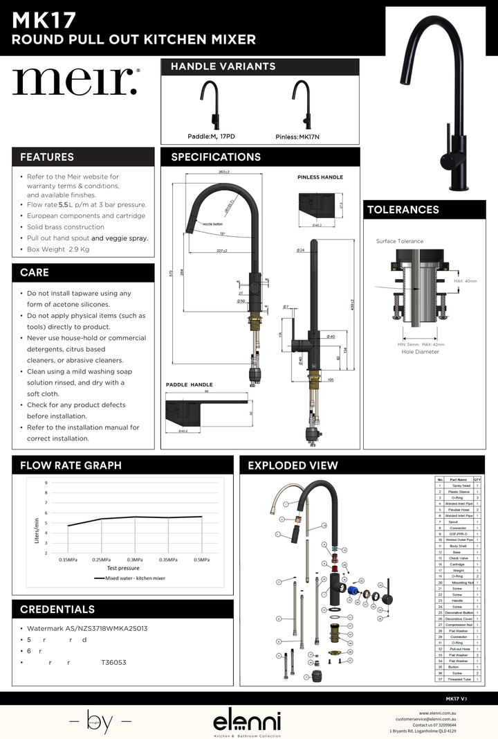 Round Piccola Pull Out Kitchen Mixer Tap - Elenni specification drawing