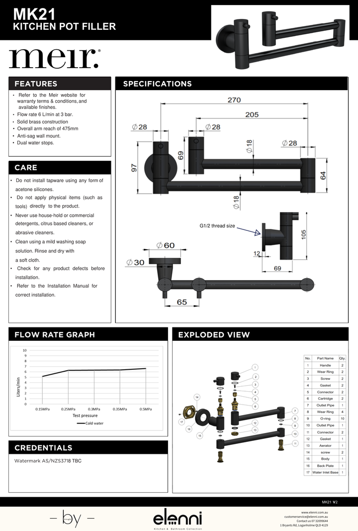 Kitchen Pot Filler - Elenni specification drawing