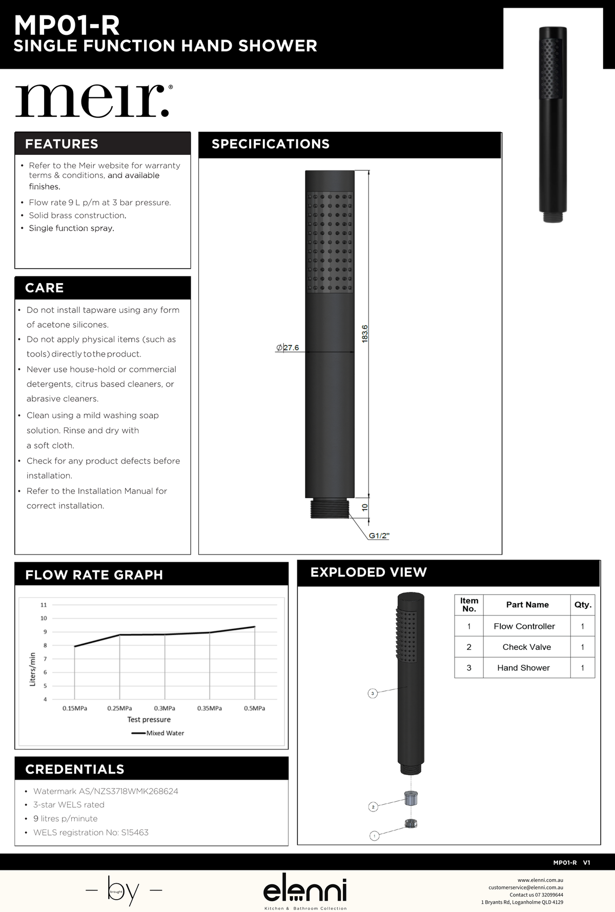 Round Hand Shower Single Function - Elenni specification drawing