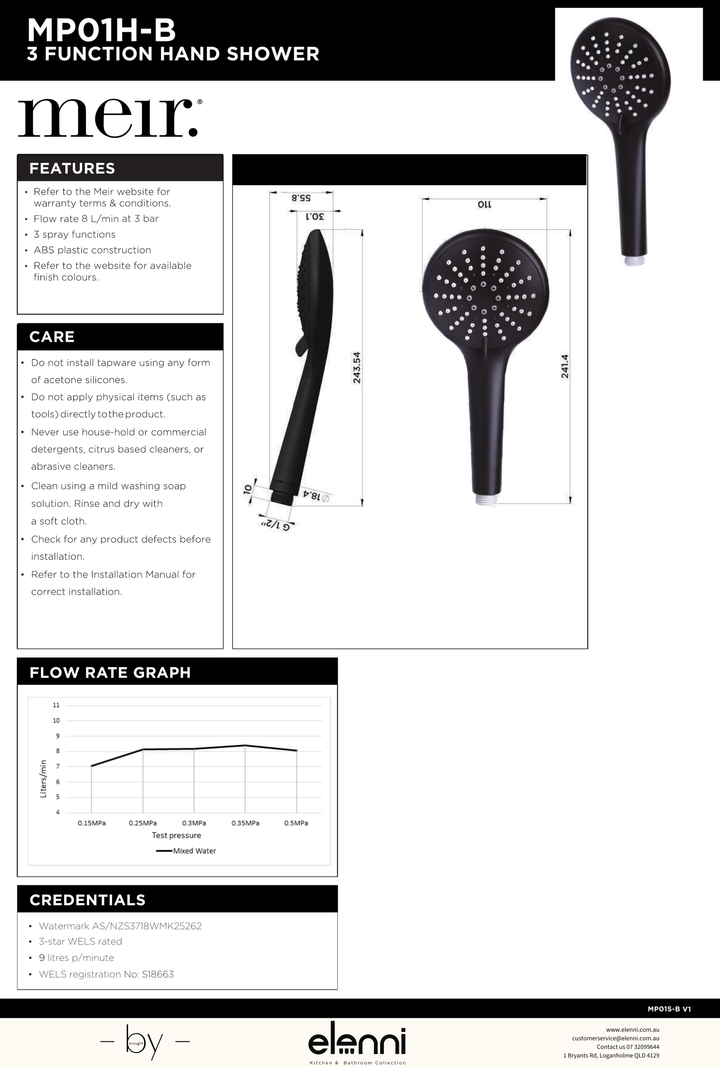 Round Hand Shower Three-Function - Elenni specification drawing