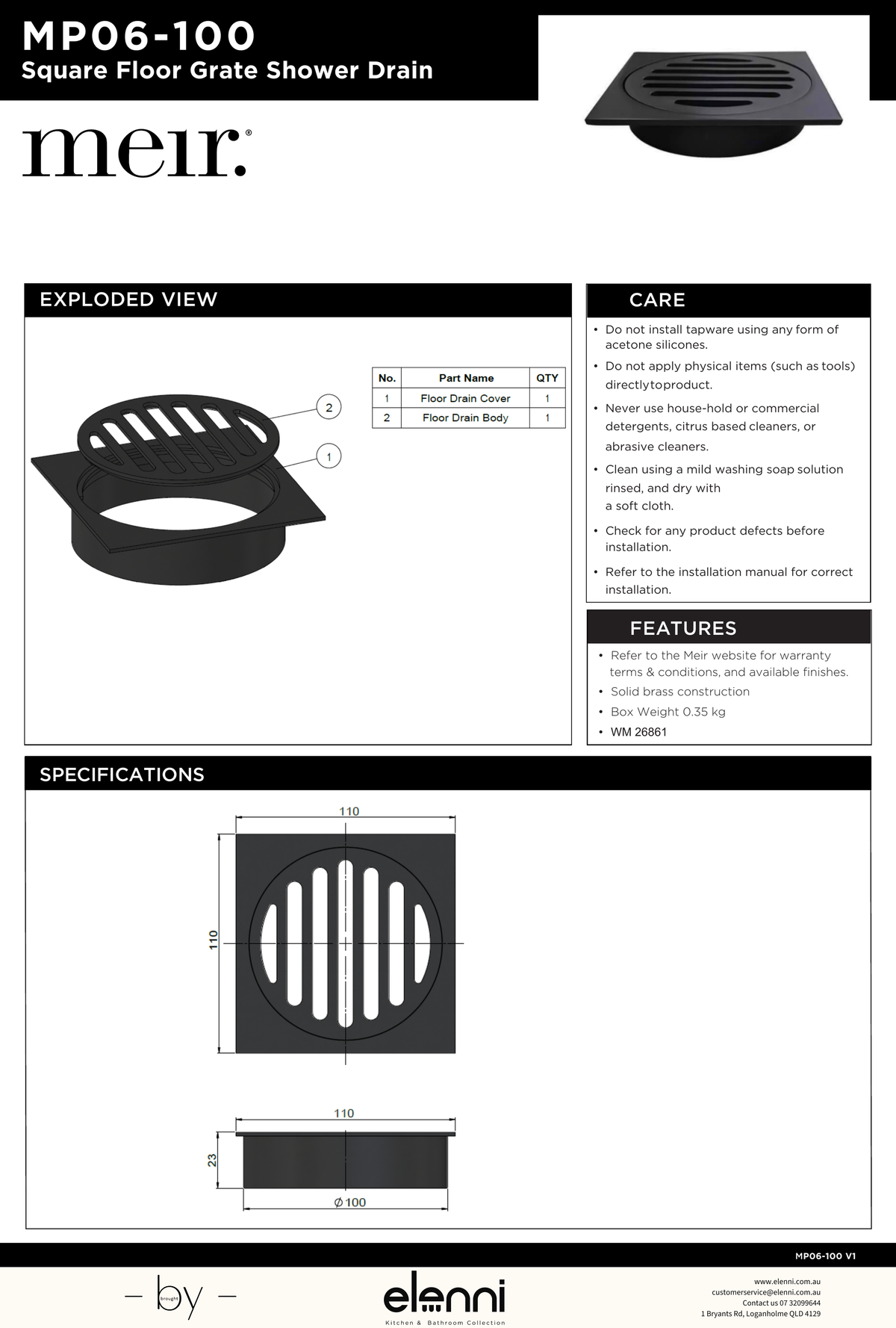 Square Floor Grate Shower Drain 100mm outlet - Elenni specification drawing