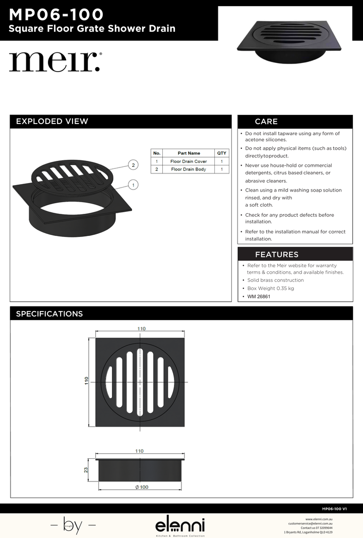 Square Floor Grate Shower Drain 100mm outlet - Elenni specification drawing