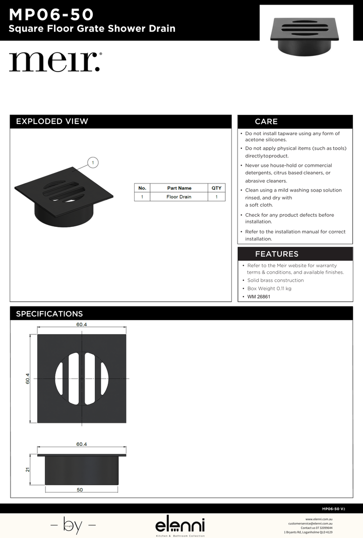 Square Floor Grate Shower Drain 50mm outlet - Elenni specification drawing