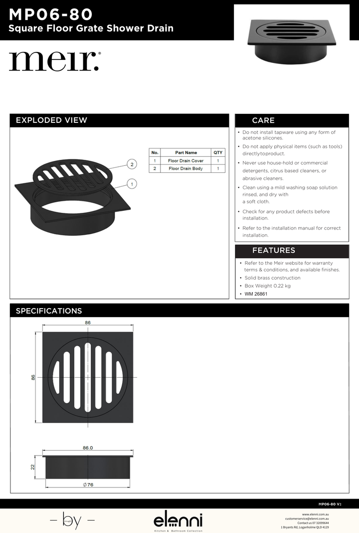 Square Floor Grate Shower Drain 80mm outlet - Elenni specification drawing