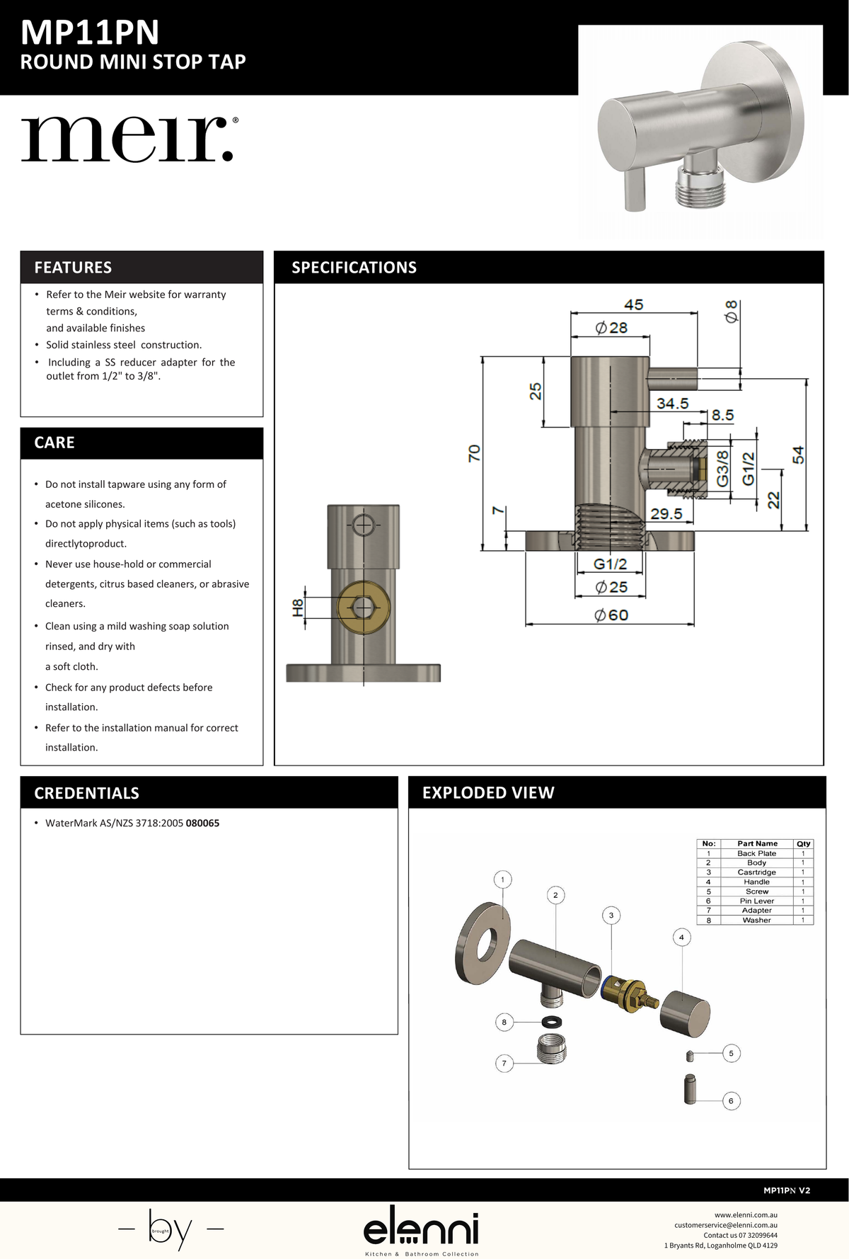 Mini Stop Cistern Tap - Elenni specification drawing