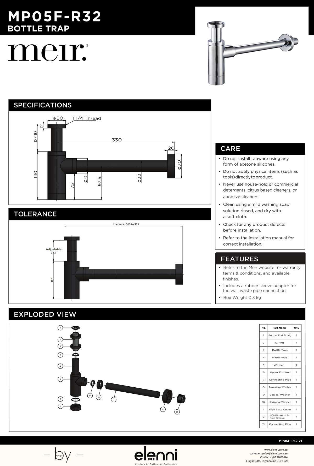 Round bottle trap for 32mm basin waste - Elenni specification drawing