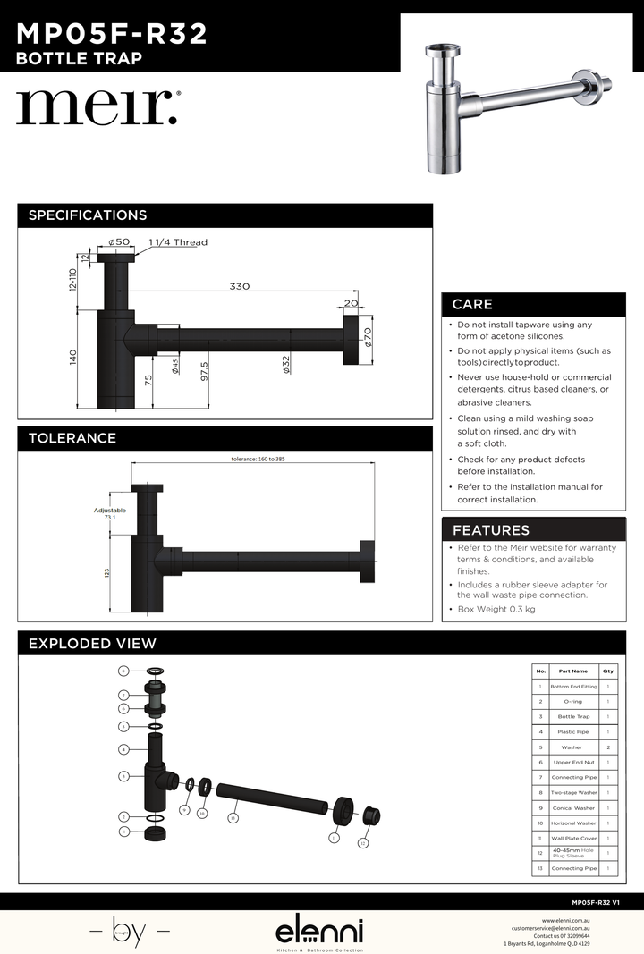 Round bottle trap for 32mm basin waste - Elenni specification drawing