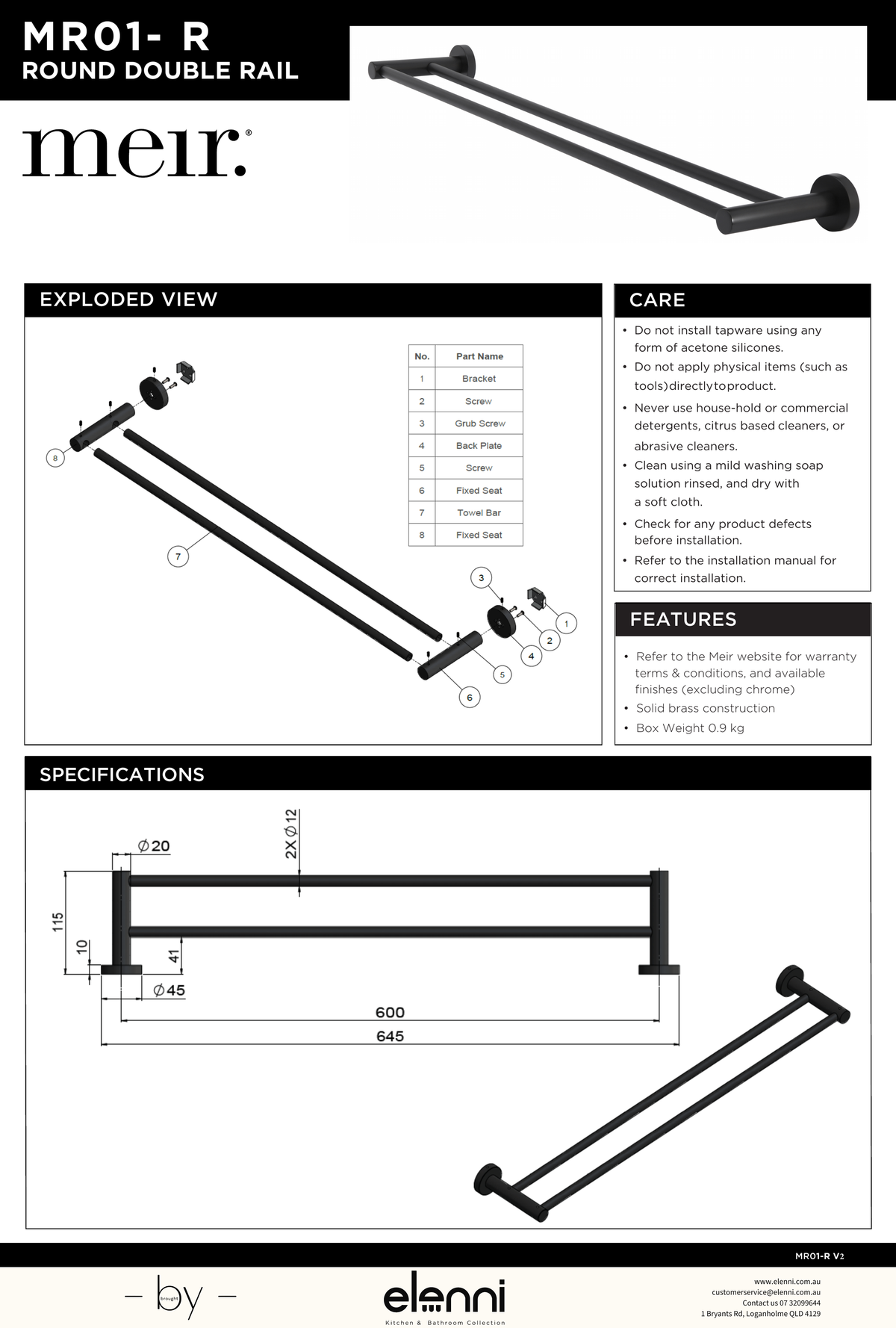 Round Double Towel Rail 600mm - Elenni specification drawing