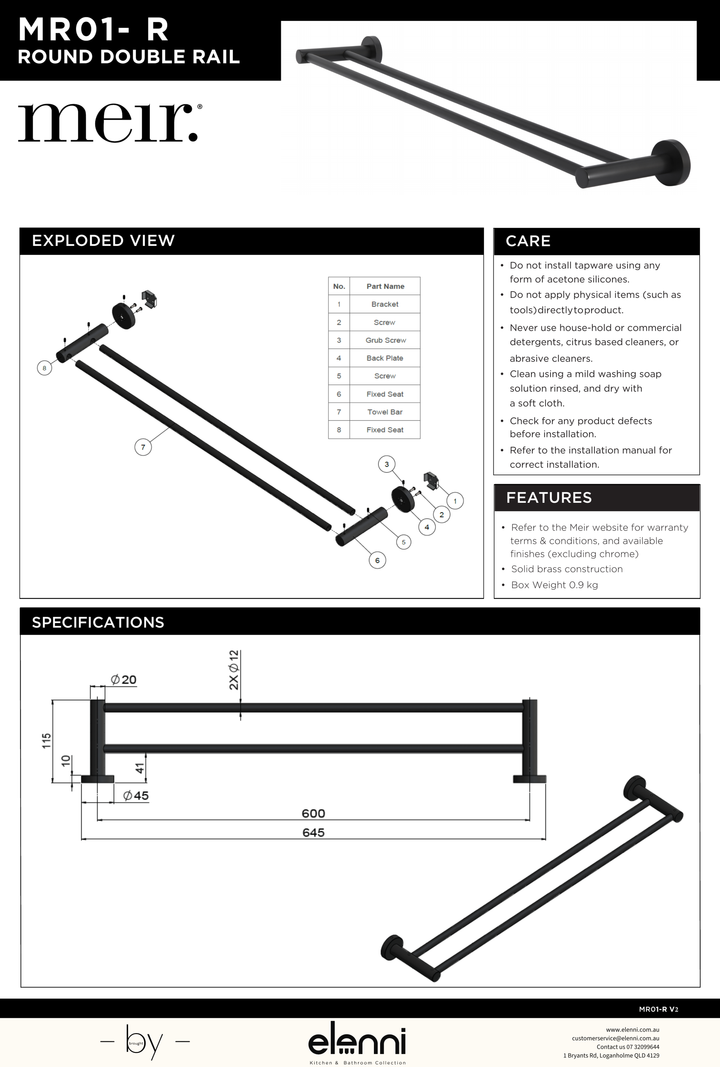 Round Double Towel Rail 600mm - Elenni specification drawing