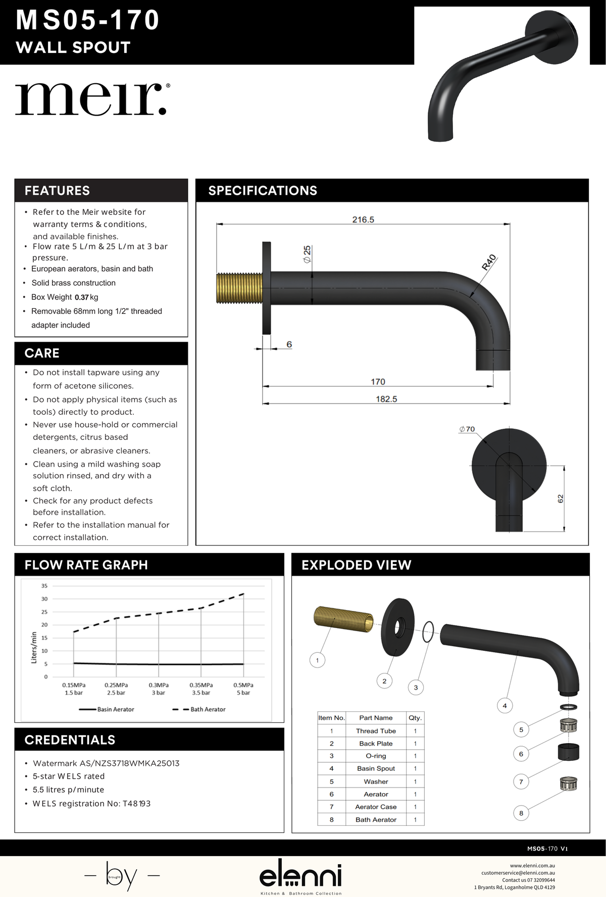 Universal Round Curved Spout 170mm - Elenni specification drawing
