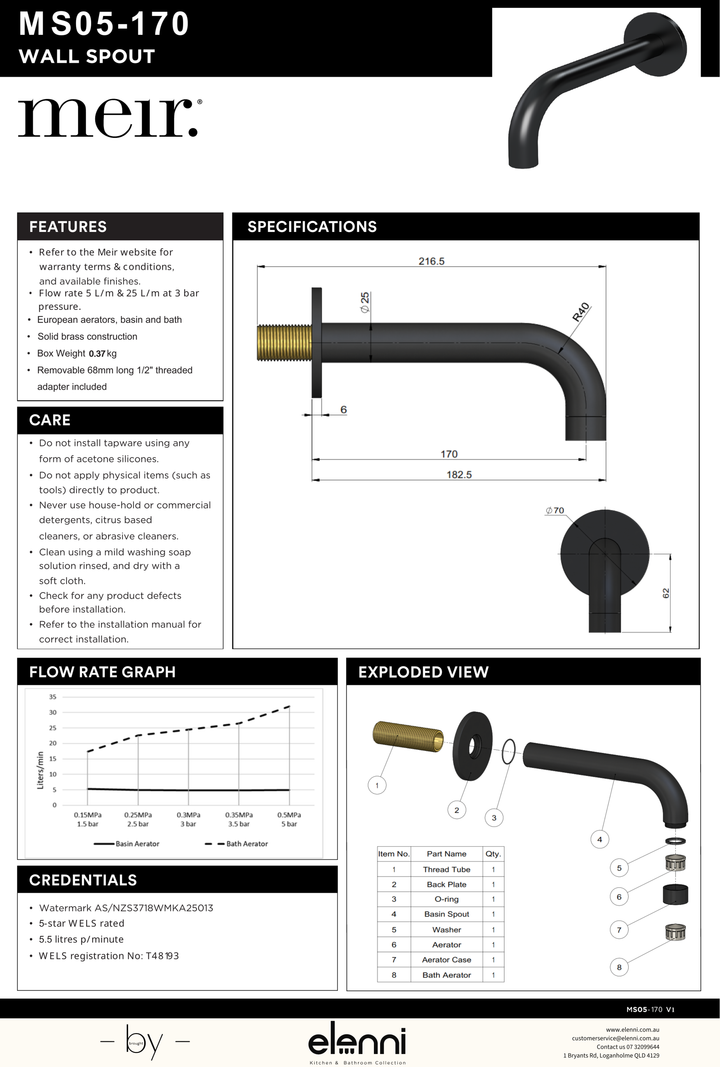 Universal Round Curved Spout 170mm - Elenni specification drawing