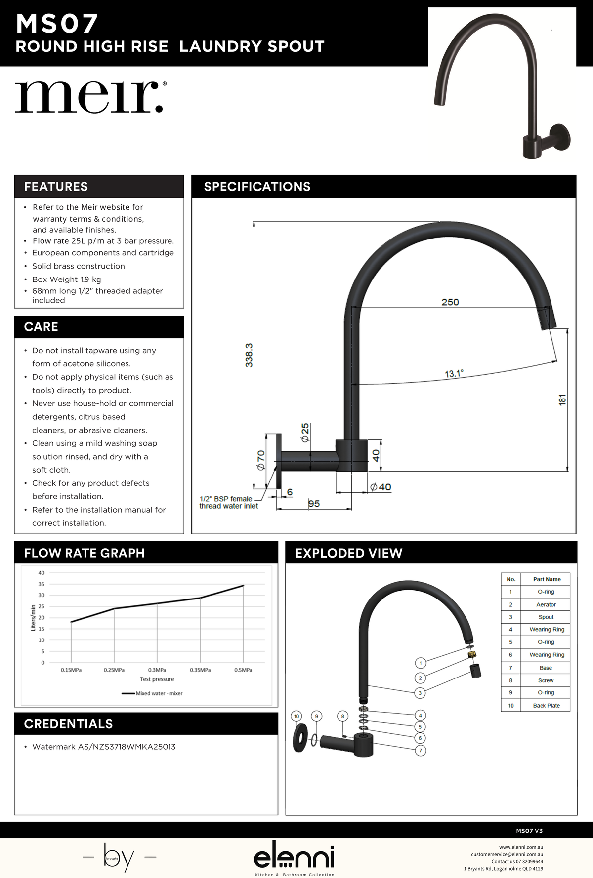 Round High-Rise Swivel Wall Spout - Elenni specification drawing