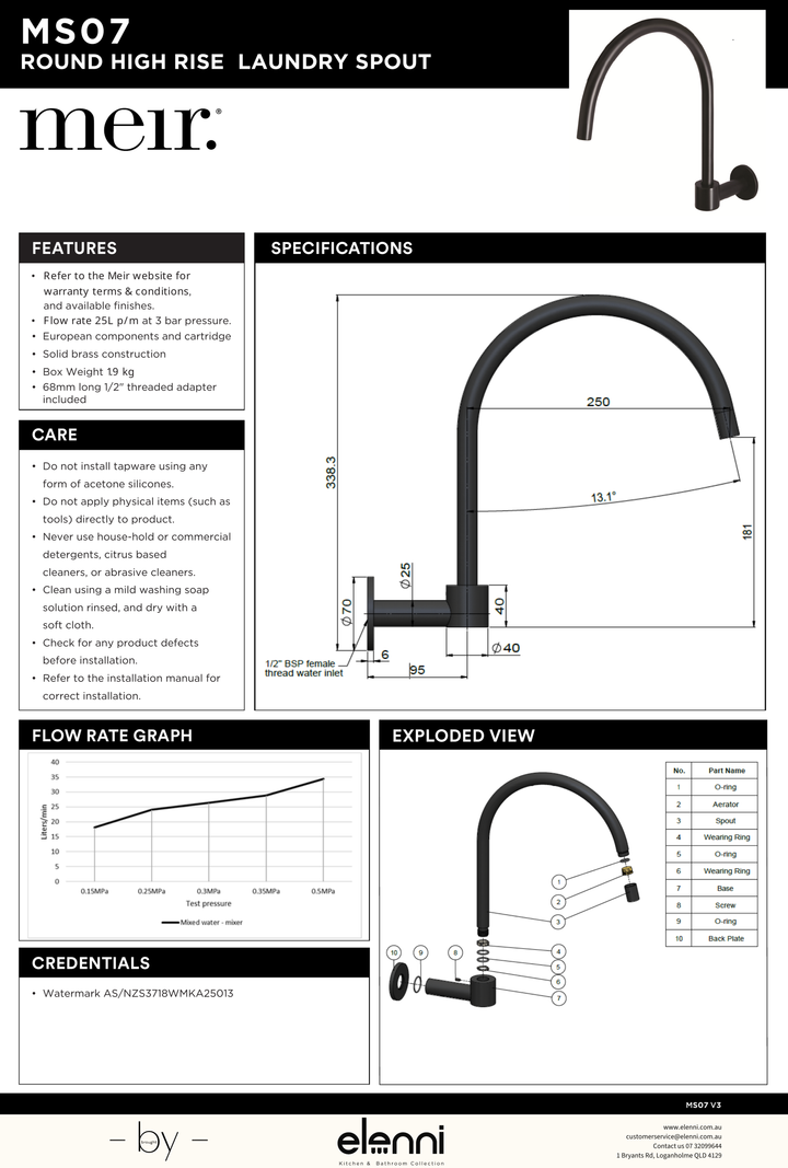 Round High-Rise Swivel Wall Spout - Elenni specification drawing