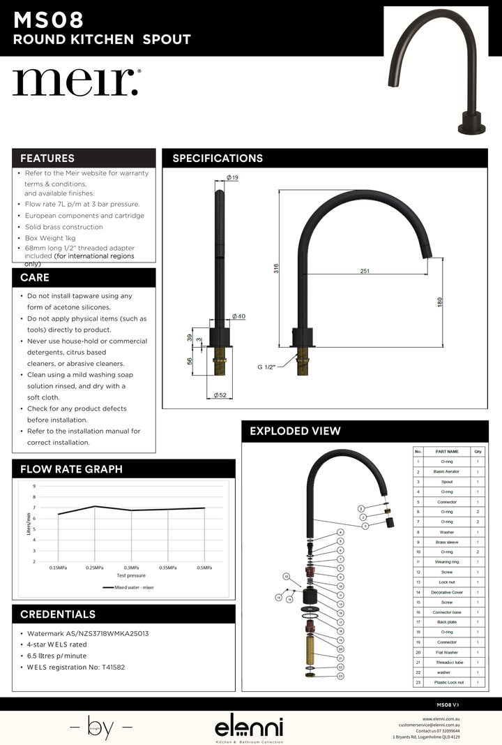 Round Gooseneck High-Rise Swivel Hob Spout - Elenni specification drawing