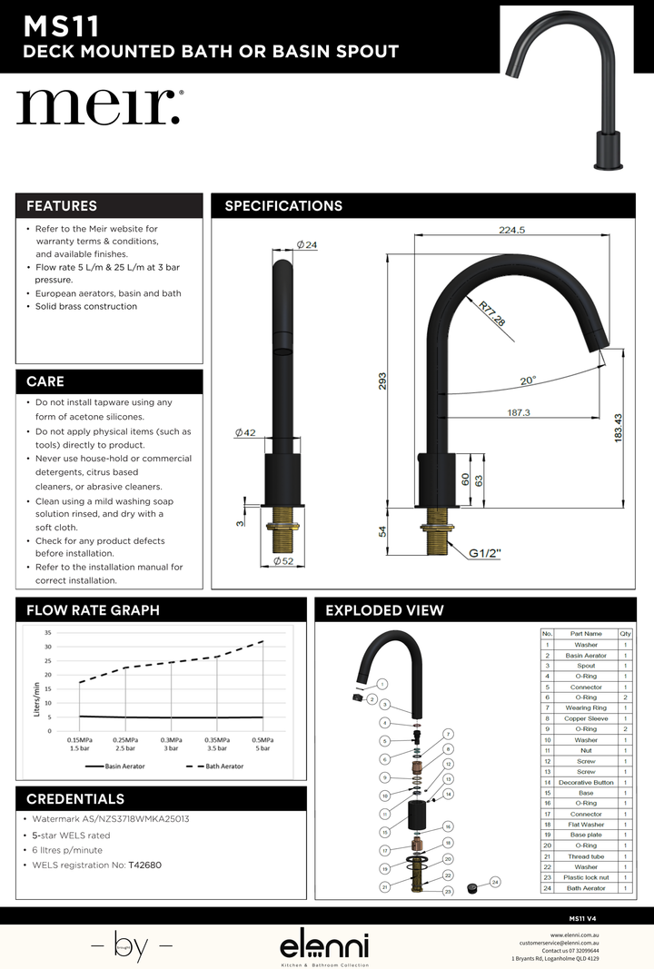 Round Hob Mounted Swivel Spout - Elenni specification drawing