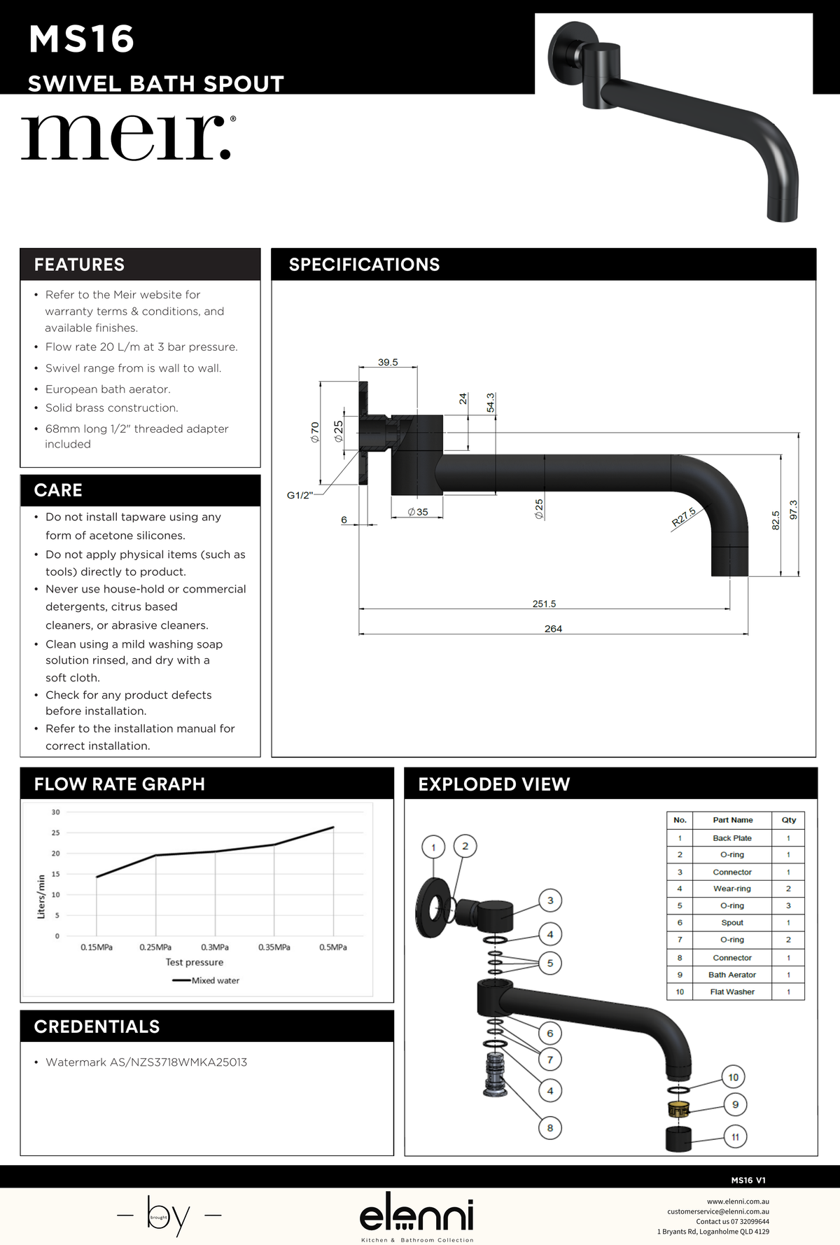 Round Swivel Wall Spout - Elenni specification drawing