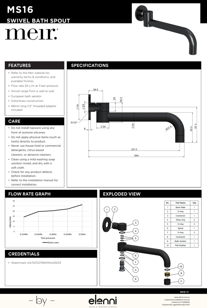 Round Swivel Wall Spout - Elenni specification drawing