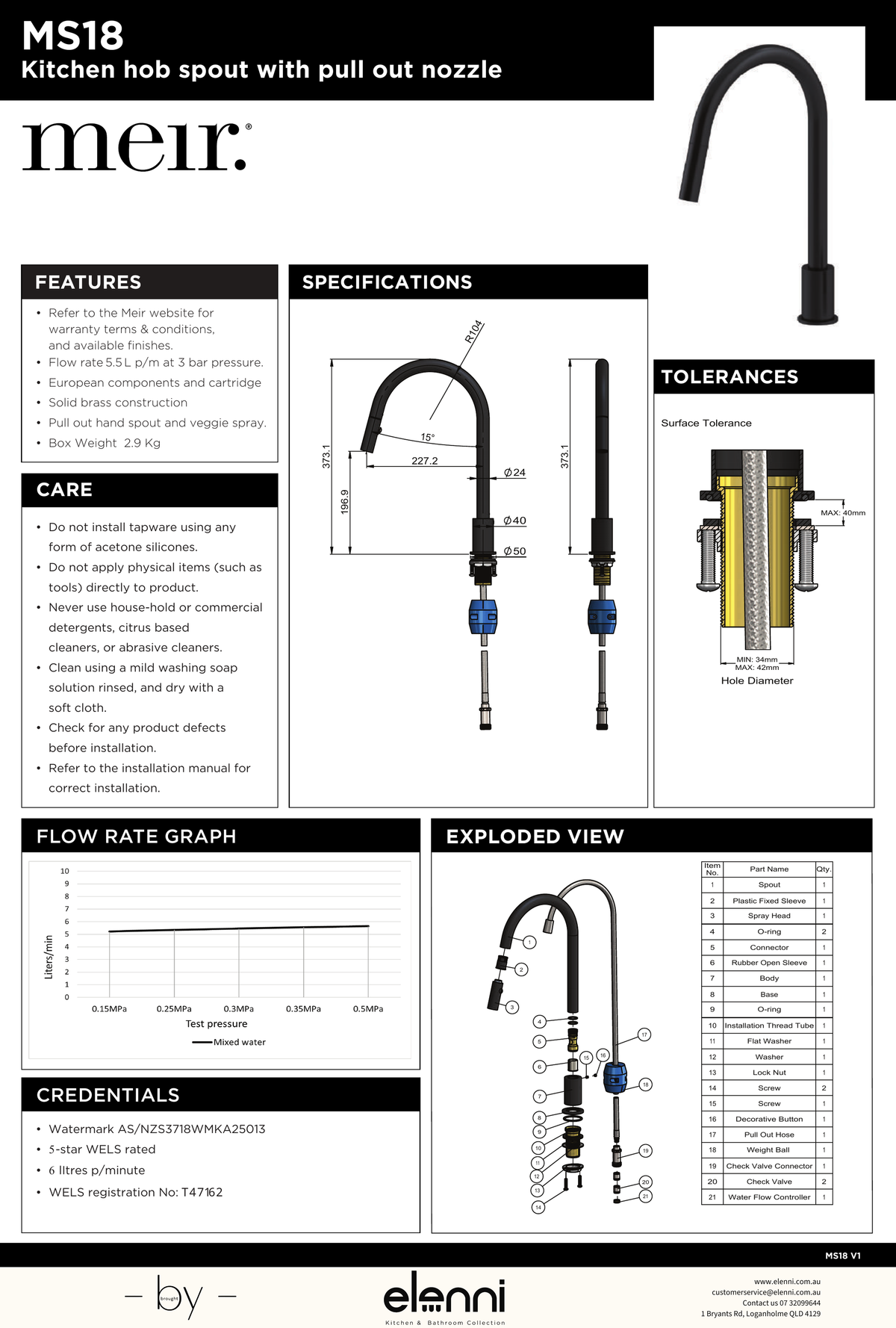 Kitchen hob spout with pull out nozzle - Elenni specification drawing