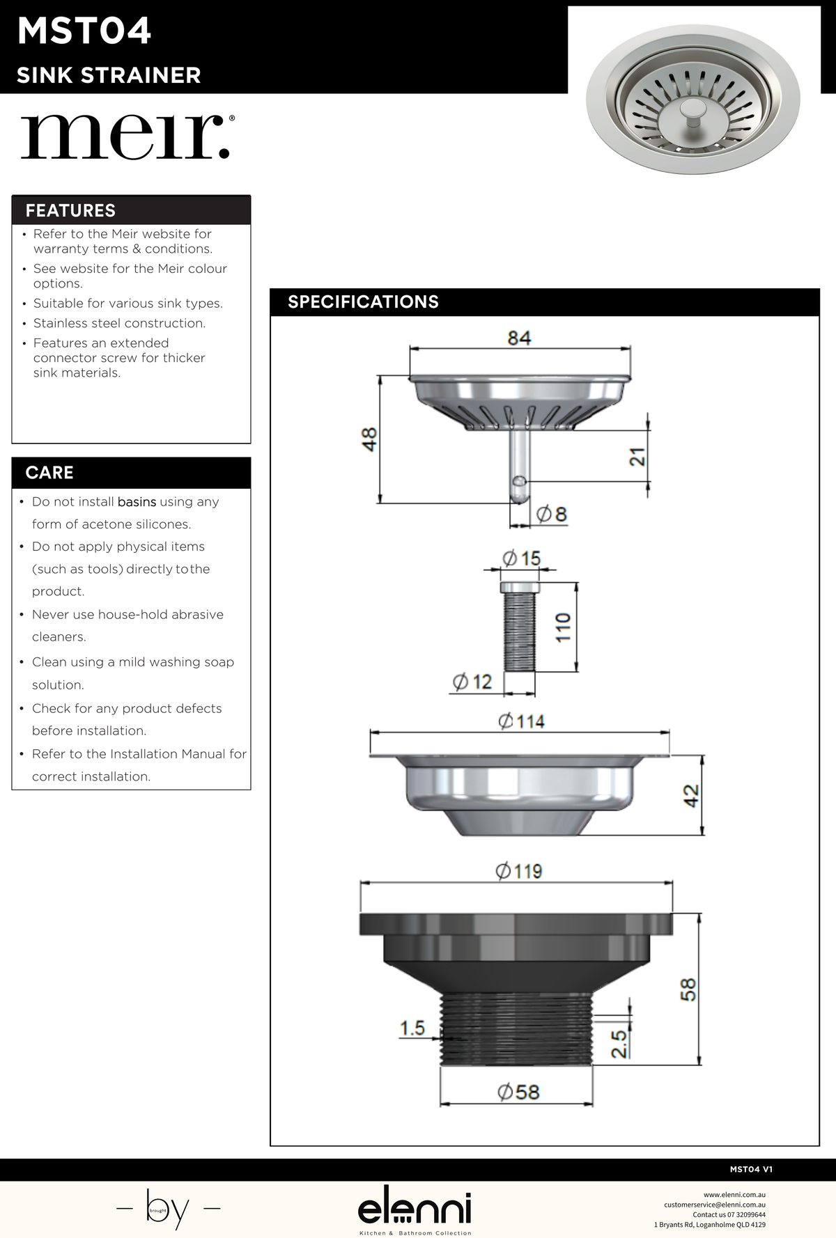 Lavello Sink Strainer and Waste Plug Basket with Stopper - Elenni specification drawing
