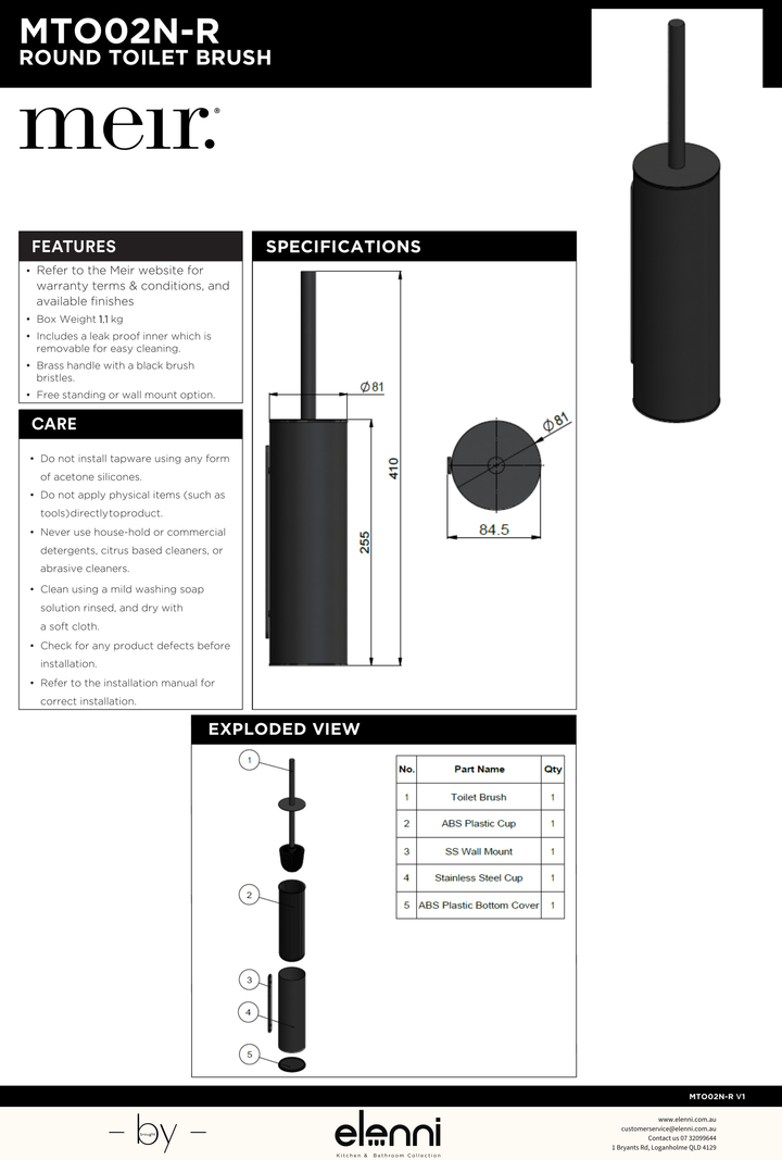 Round Toilet Brush &amp; Holder - Elenni specification drawing