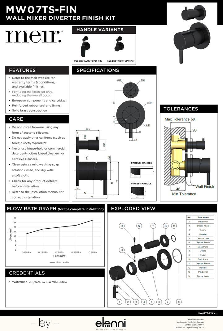 Round Diverter Mixer Paddle Handle Trim Kit (In-wall Body Not Included) - Elenni specification drawing