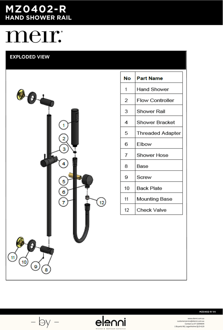 Round Hand Shower on Rail Column - Elenni specification drawing