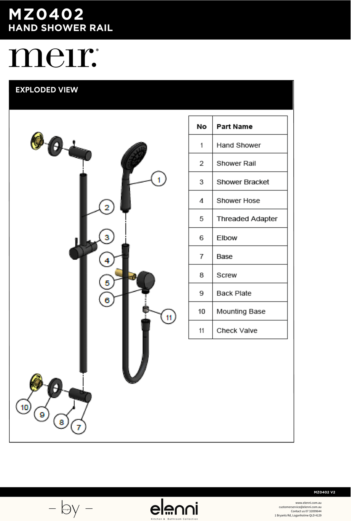 Round Three Function Hand Shower on Rail Column - Elenni specification drawing