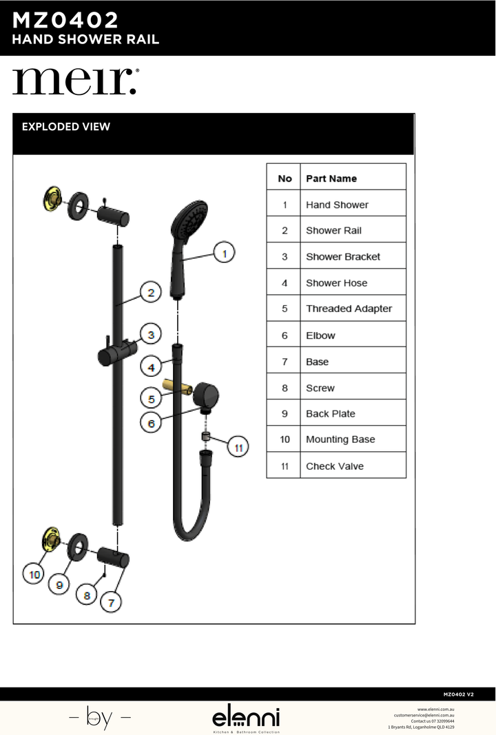 Round Three Function Hand Shower on Rail Column - Elenni specification drawing