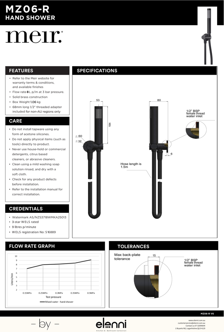 Round Shower on Swivel Bracket - Elenni specification drawing