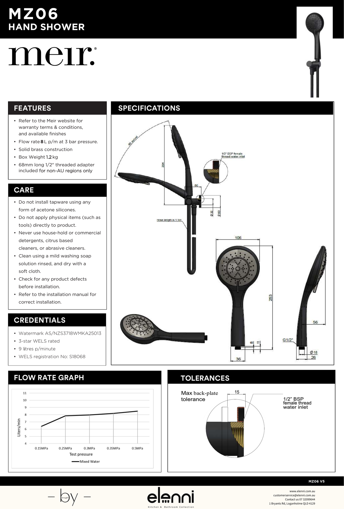 Round Hand Shower on Swivel Bracket - Elenni specification drawing