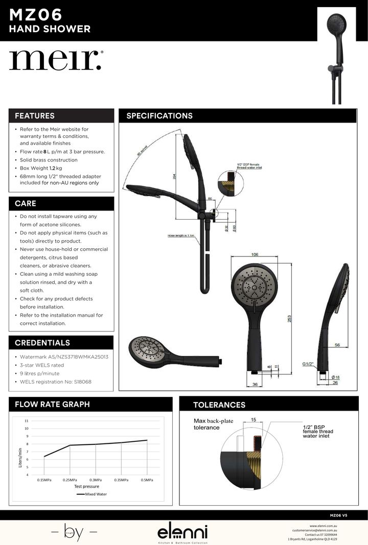 Round Hand Shower on Swivel Bracket - Elenni specification drawing