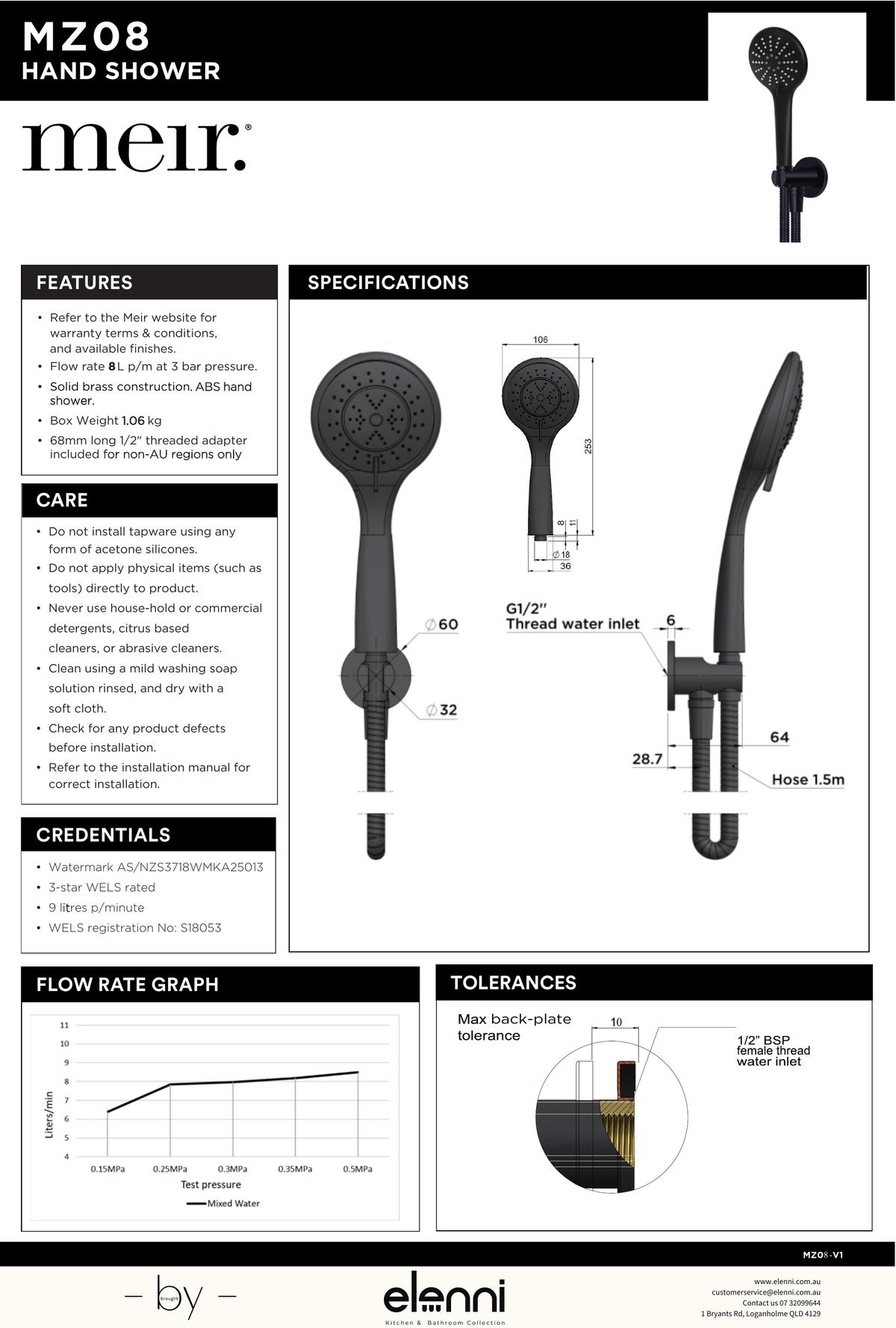 Round Three Function Hand Shower on Fixed Bracket - Elenni specification drawing