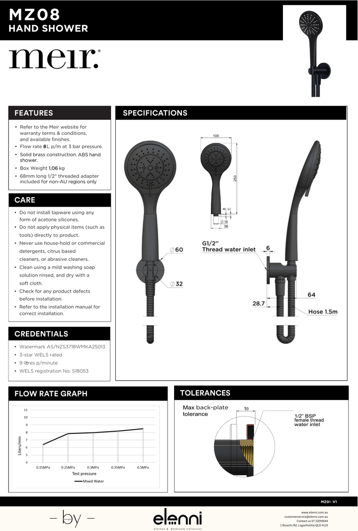 Round Three Function Hand Shower on Fixed Bracket - Elenni specification drawing