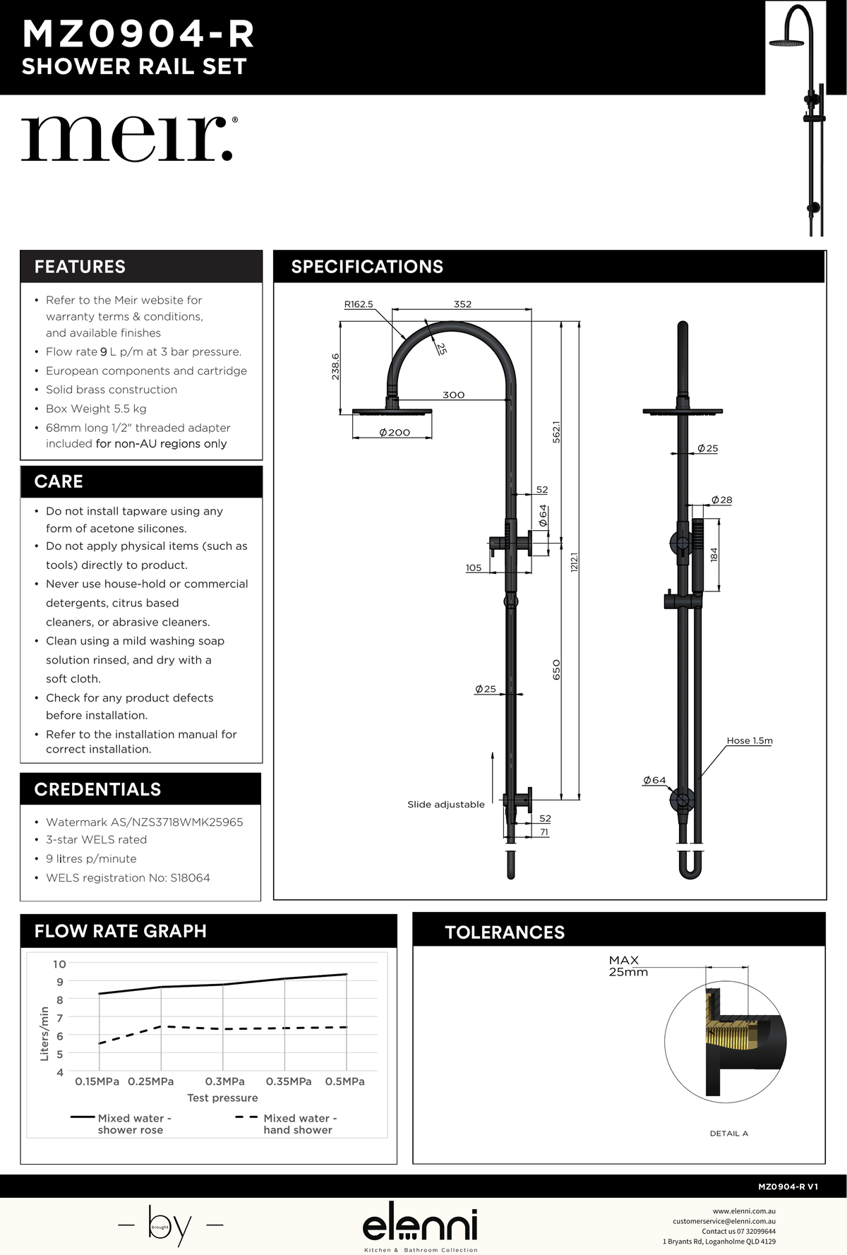 Round Gooseneck Shower Set with 200mm rose, Single-Function Hand Shower - Elenni specification drawing