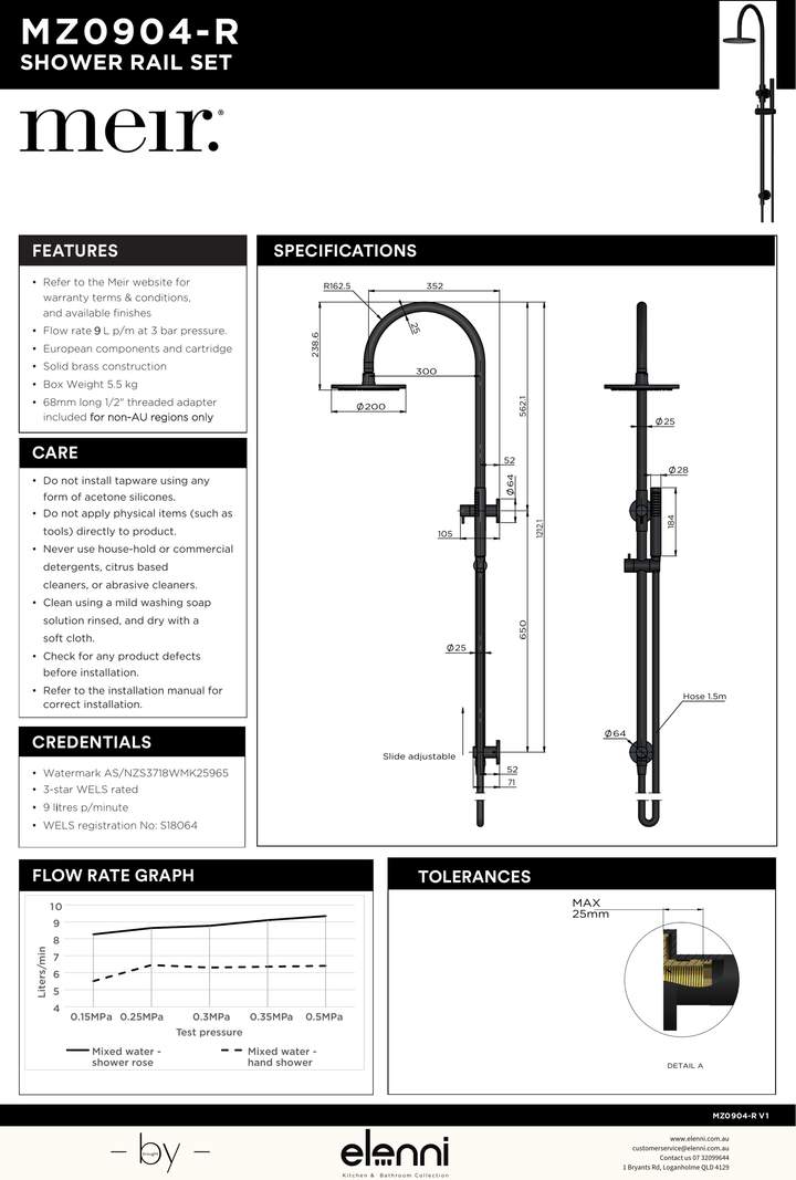 Round Gooseneck Shower Set with 200mm rose, Single-Function Hand Shower - Elenni specification drawing