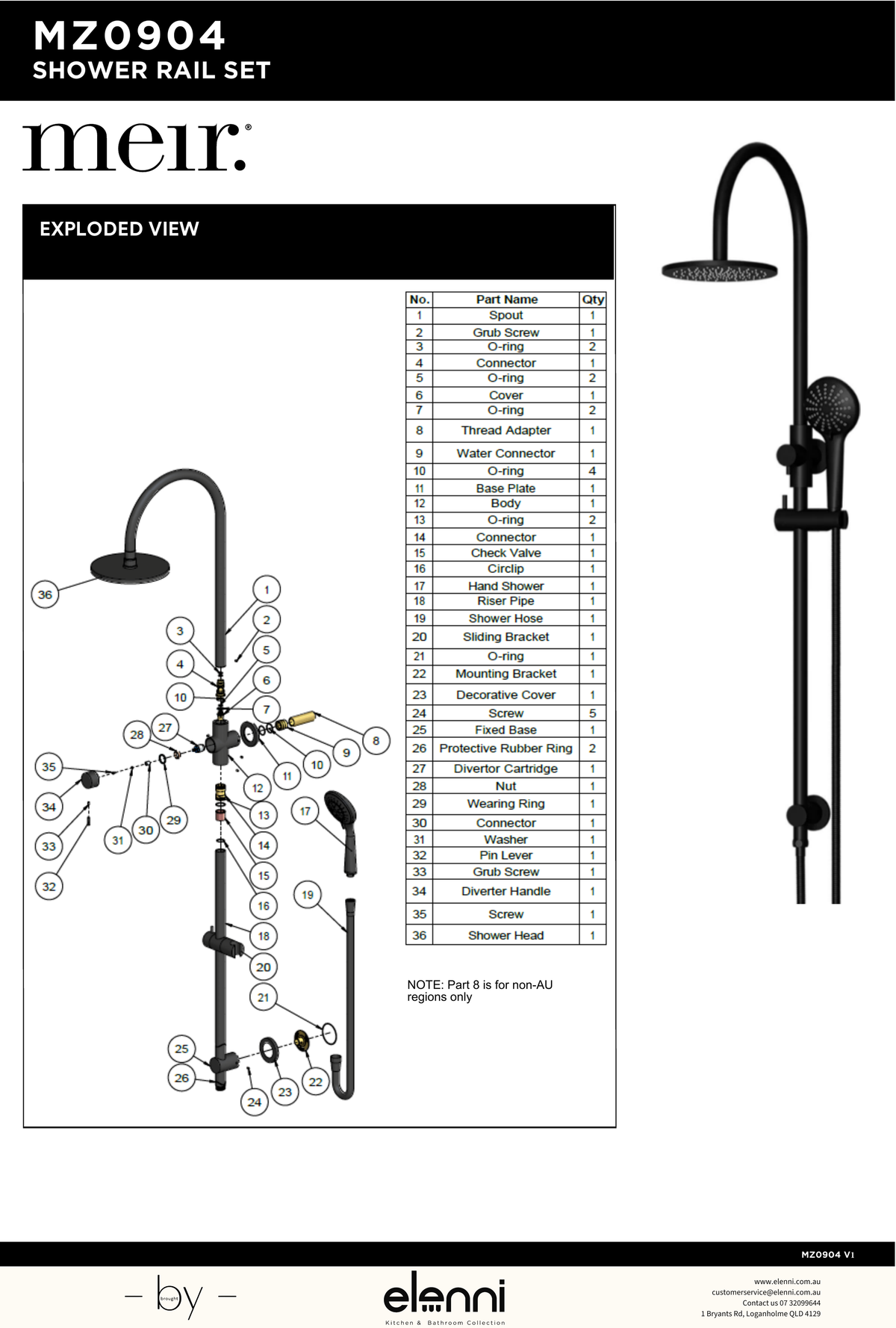 Round Gooseneck Shower Set with 200mm rose, Three-Function Hand Shower - Elenni specification drawing