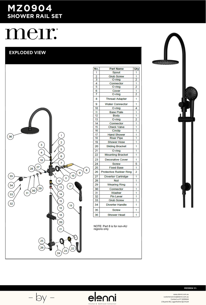 Round Gooseneck Shower Set with 200mm rose, Three-Function Hand Shower - Elenni specification drawing