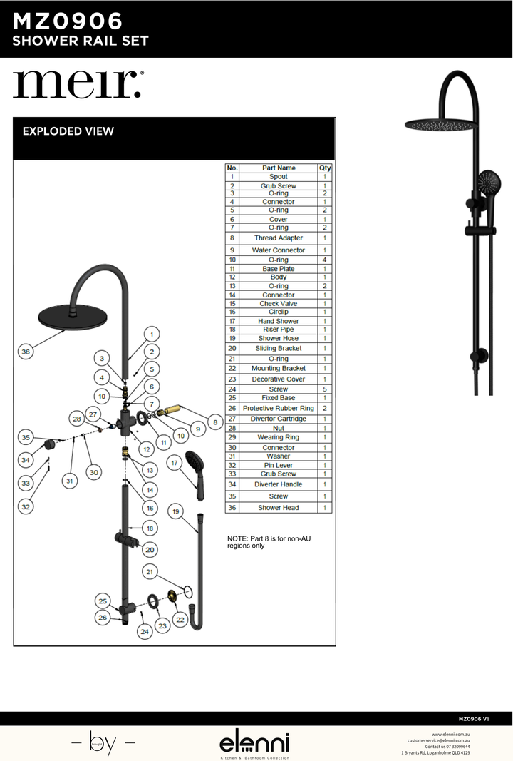Round Gooseneck Shower Set with 300mm rose, Three-Function Hand Shower - Elenni specification drawing
