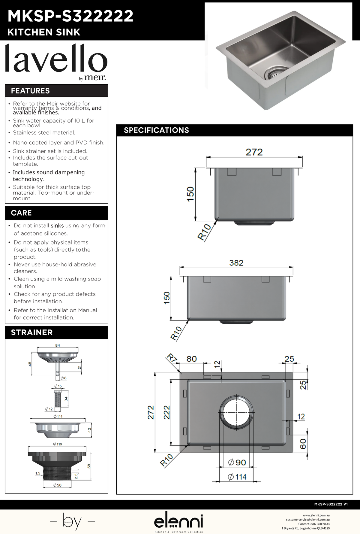 Lavello Bar Sink - Single Bowl 382 x 272 - Elenni specification drawing