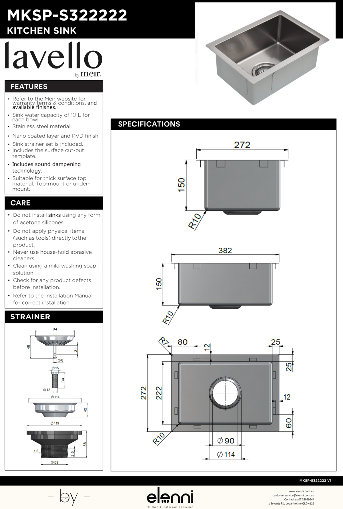 Lavello Bar Sink - Single Bowl 382 x 272 - Elenni specification drawing