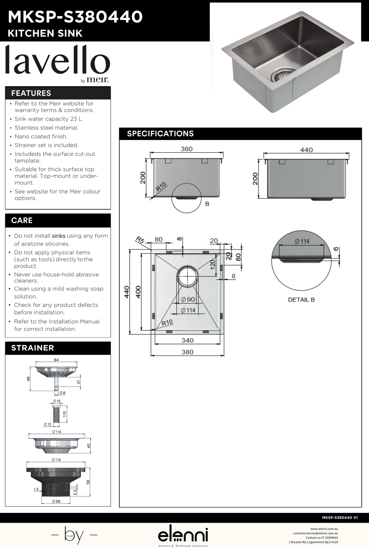 Lavello Kitchen Sink - Single Bowl 380 x 440 - Elenni specification drawing