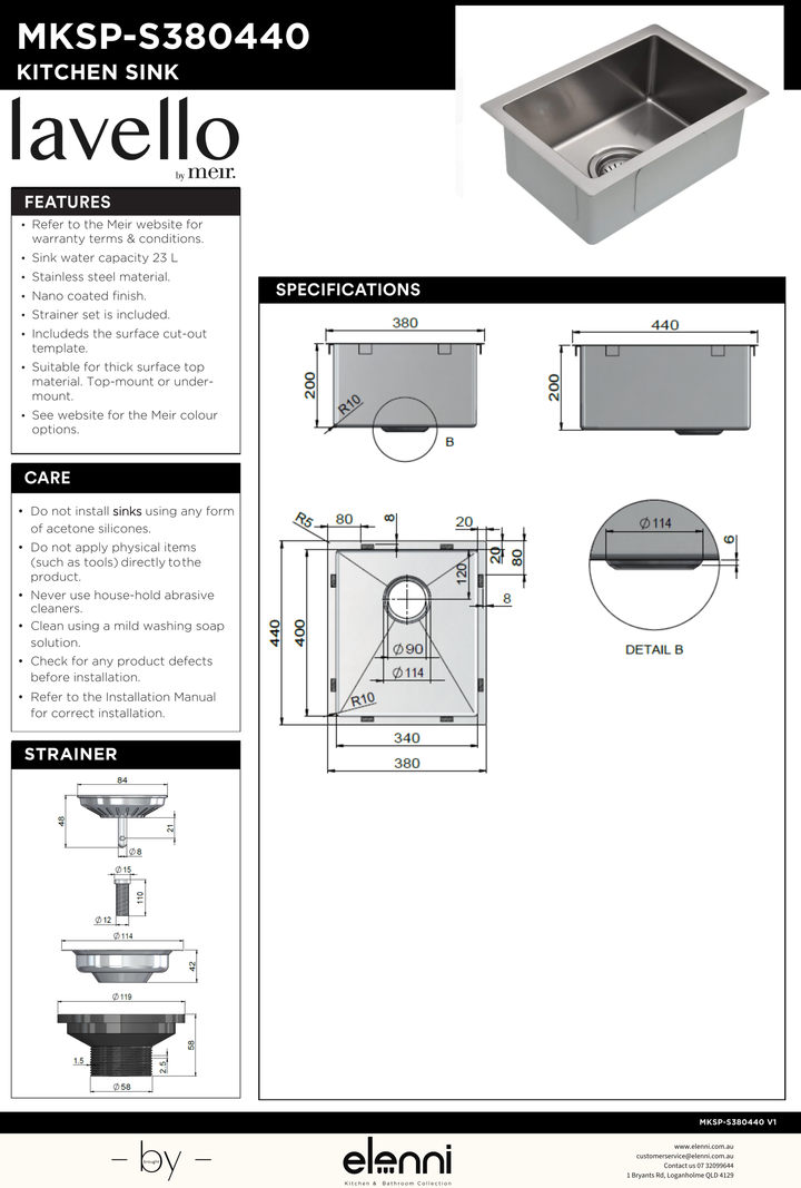 Lavello Kitchen Sink - Single Bowl 380 x 440 - Elenni specification drawing