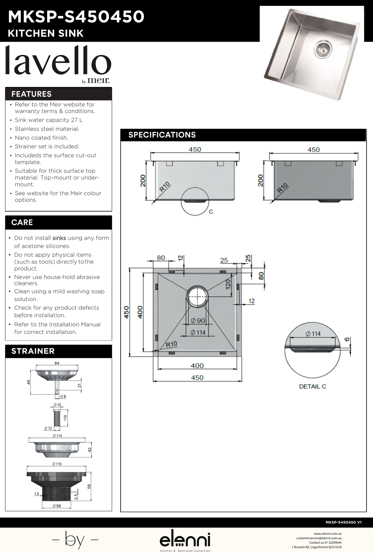 Lavello Kitchen Sink - Single Bowl 450 x 450 - Elenni specification drawing