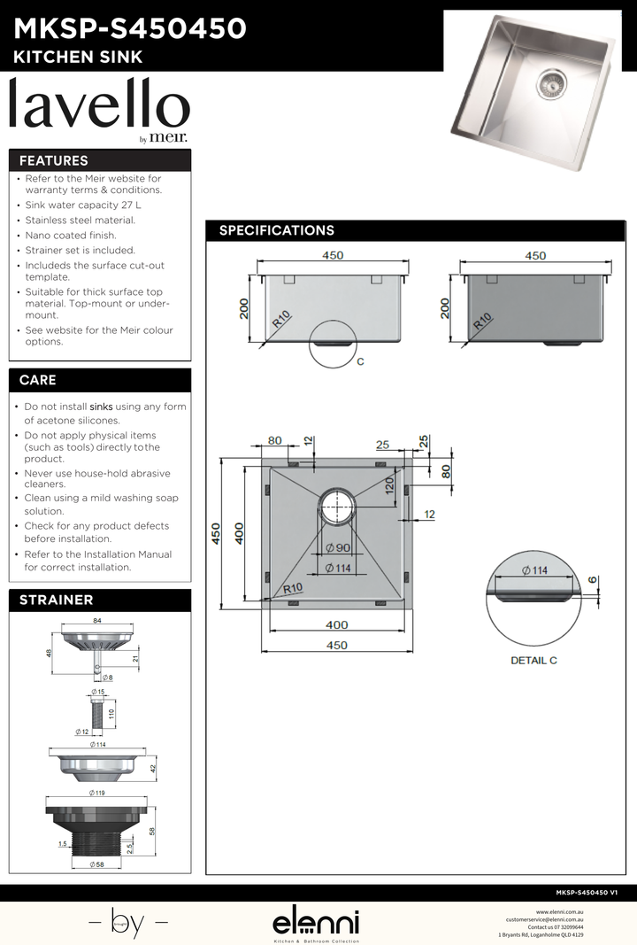Lavello Kitchen Sink - Single Bowl 450 x 450 - Elenni specification drawing