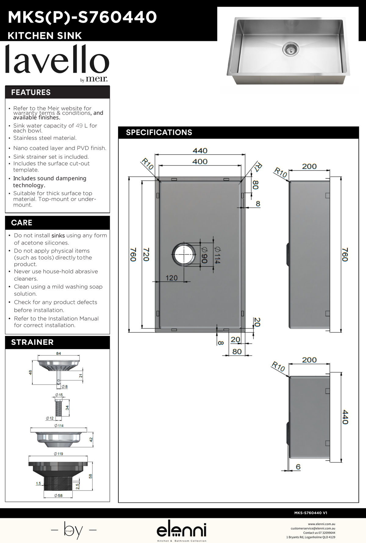 Lavello Kitchen Sink - Single Bowl 760 x 440 - Elenni specification drawing