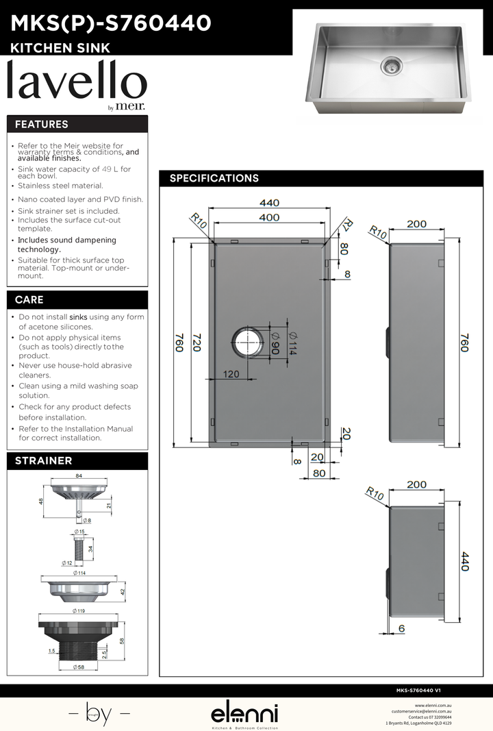 Lavello Kitchen Sink - Single Bowl 760 x 440 - Elenni specification drawing