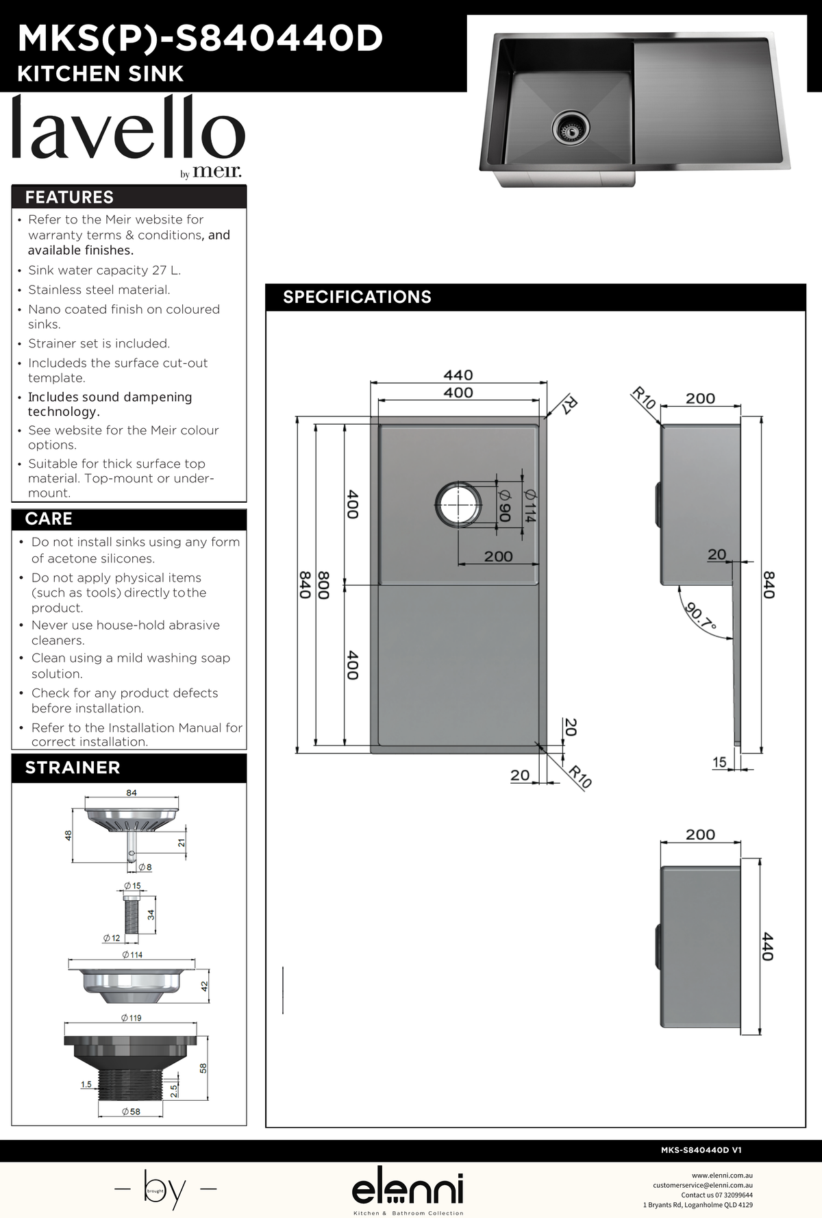 Lavello Kitchen Sink - Single Bowl &amp; Drainboard 840 x 440 - Elenni specification drawing
