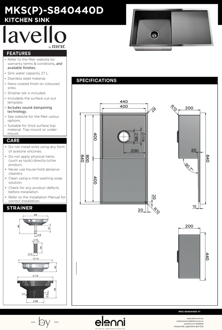 Lavello Kitchen Sink - Single Bowl &amp; Drainboard 840 x 440 - Elenni specification drawing