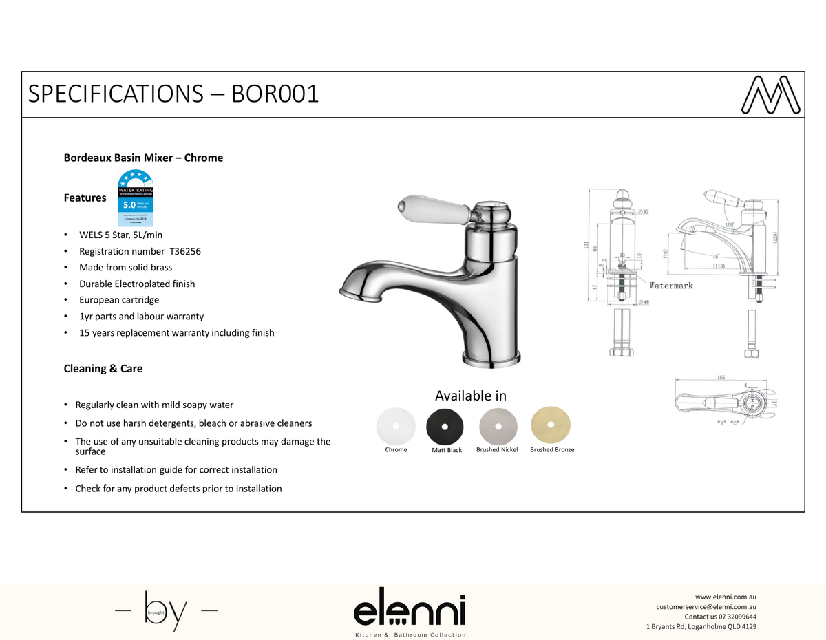 Bordeaux Basin Mixer - Elenni specification drawing
